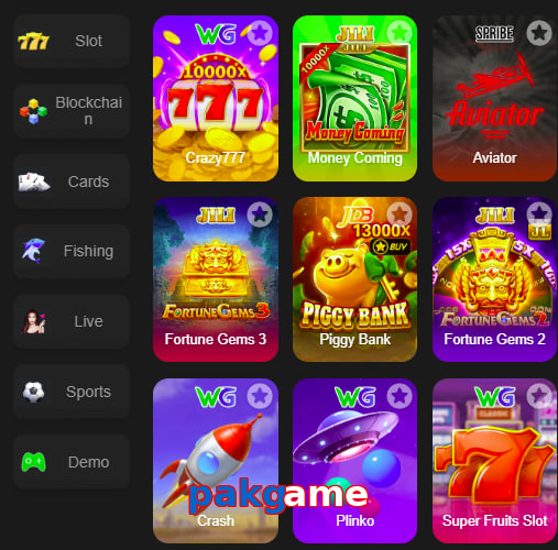Main screen of Pakgame game page for PK players
